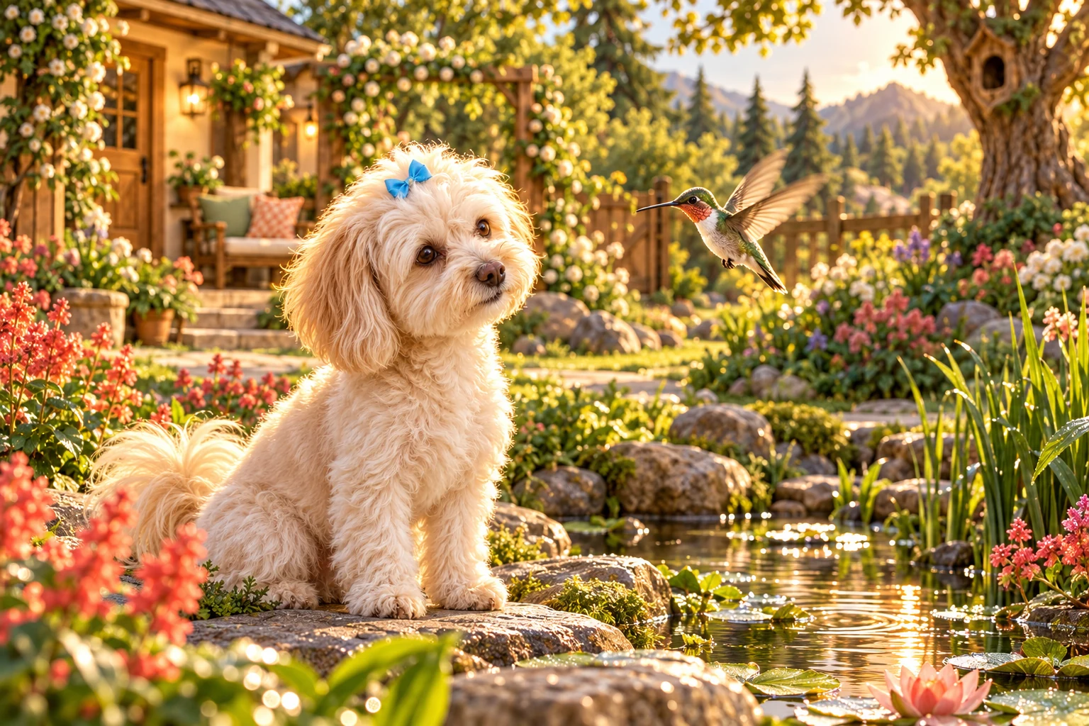 Luna meets a hummingbird by the garden pond