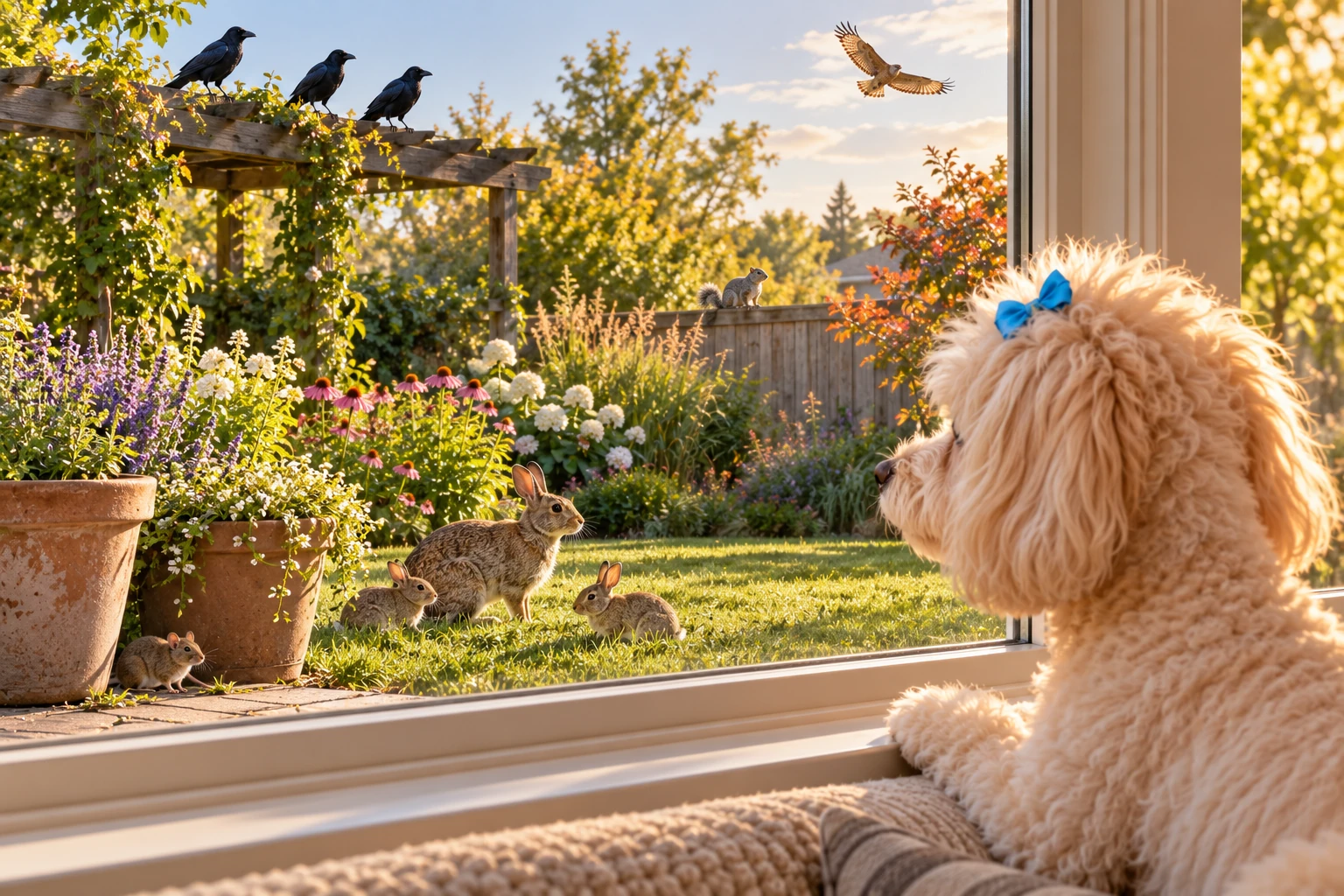 Luna watches the rabbit families and the busy daytime garden