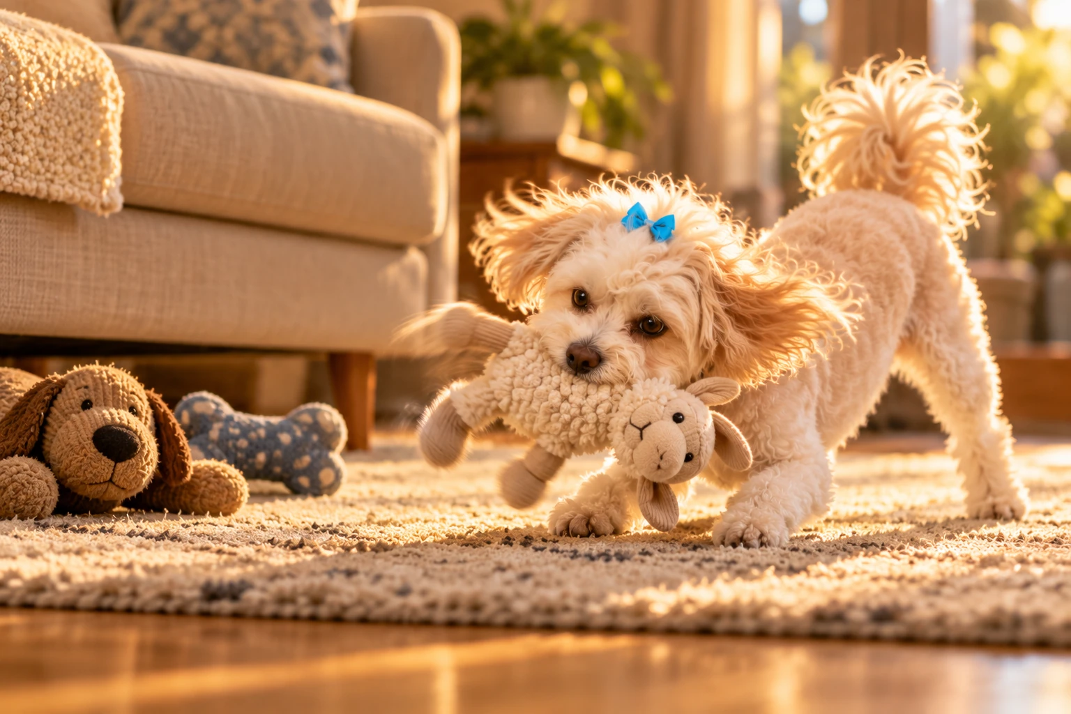 Luna playfully shakes a soft lamb toy on the rug