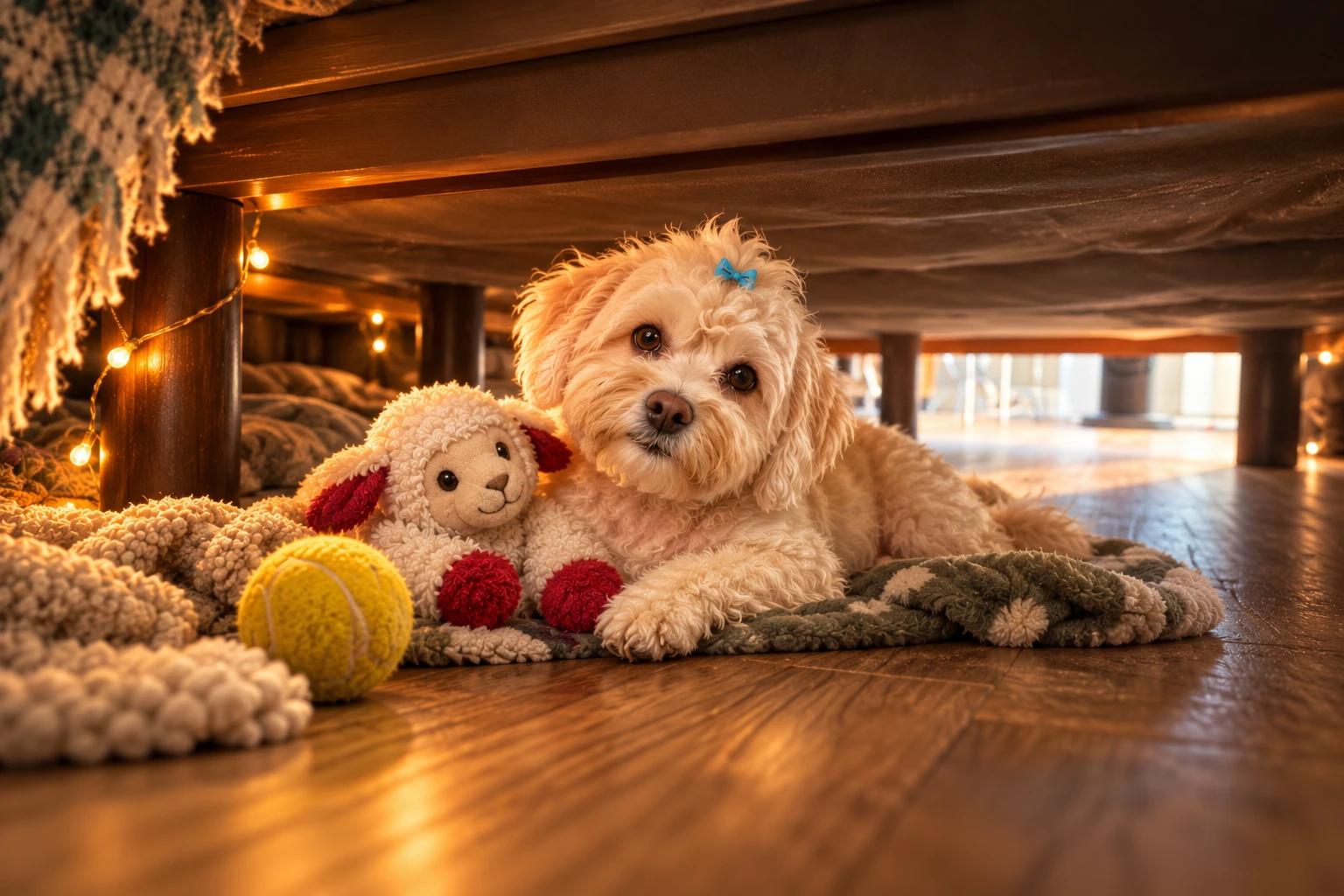 Luna and her lamb plush in a cozy imaginative hideout beneath a bed