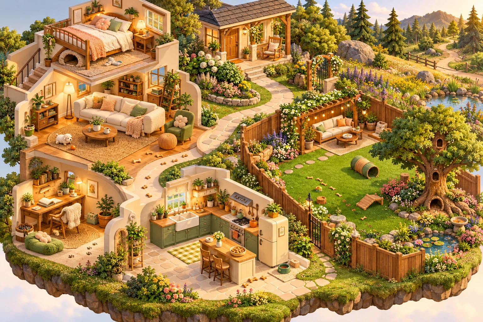 An illustrated cutaway home and garden map